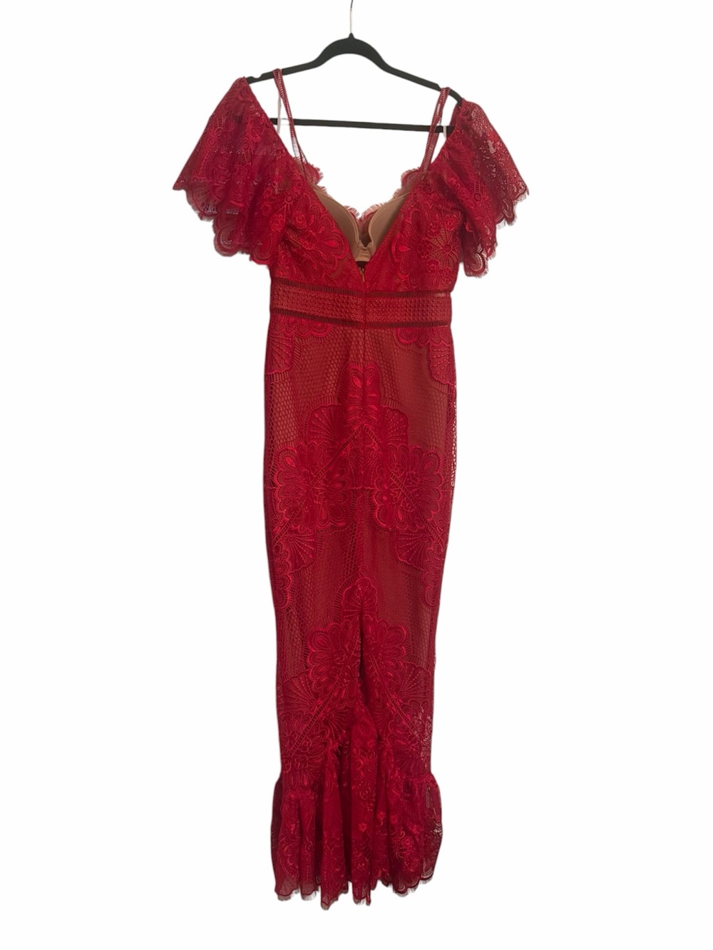 Marchesa Notte Red Lace Cold-Shoulder Dress - Picture 4 of 5